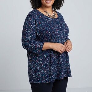 😍SHOW SPECIAL PENNINGTONS Navy Blue Small Floral Pattern Ling Sleeve T-Shirt 3X